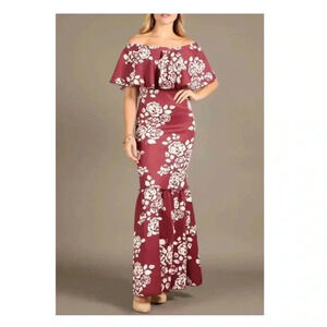🆕NWOT Burgundy Floral Ruffle-Accent Off-Shoulder Dress M🆕